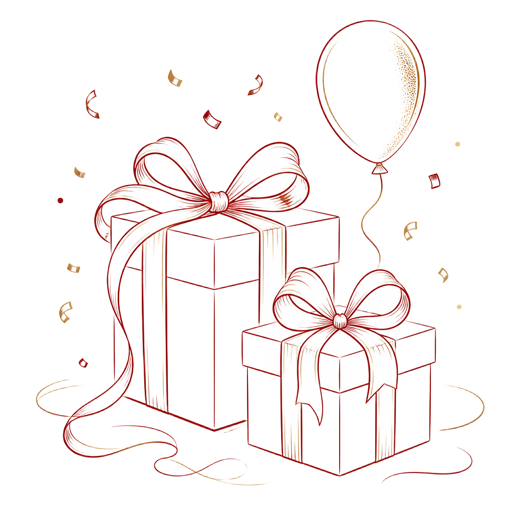 Line-art gift boxes with ribbon, confetti and a balloon