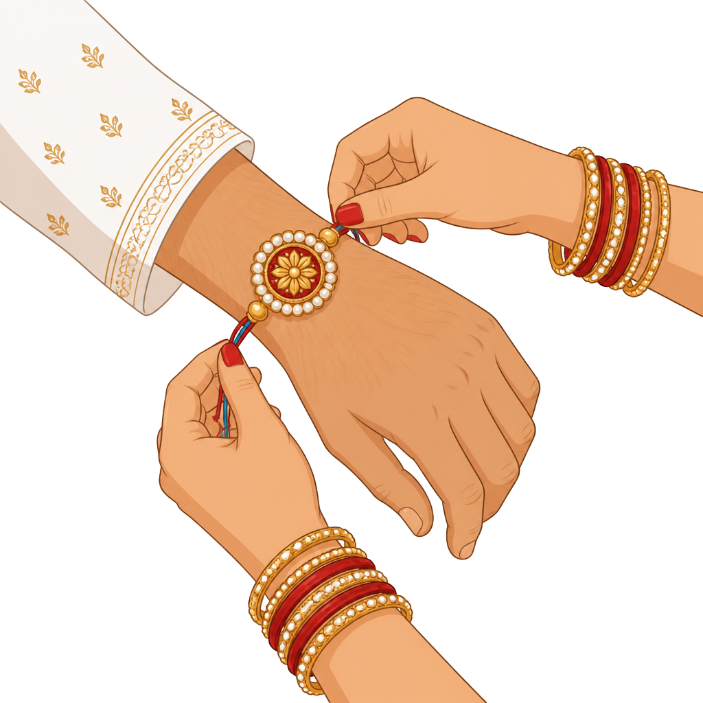 A sister tying a rakhi thread on her brother's wrist